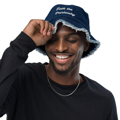 Distressed denim bucket hat- "Fuck the Patriarchy"