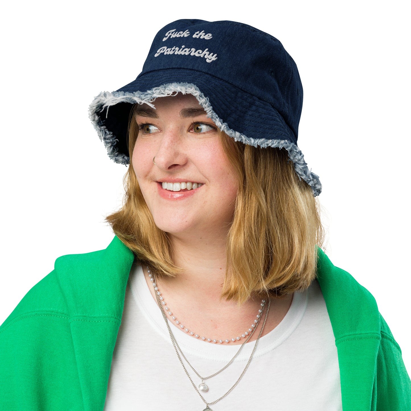 Distressed denim bucket hat- "Fuck the Patriarchy"