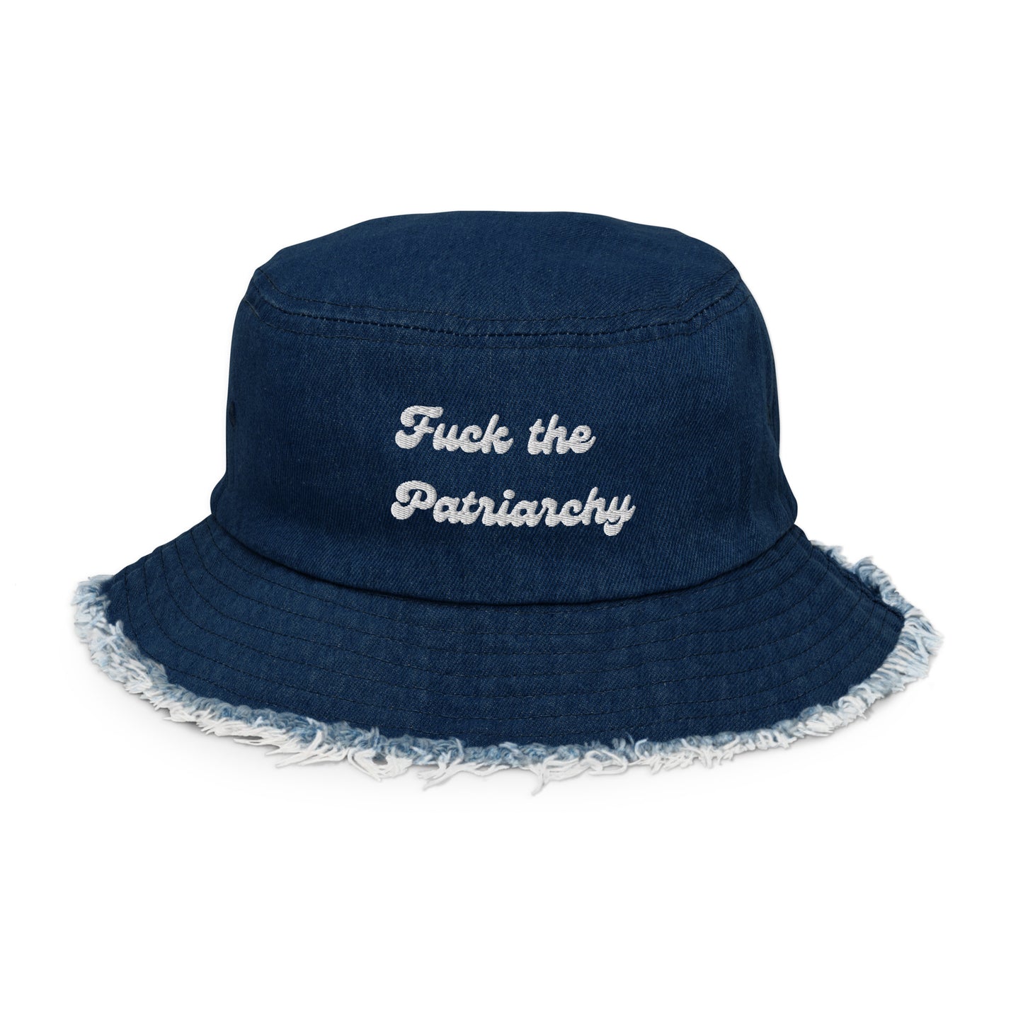 Distressed denim bucket hat- "Fuck the Patriarchy"