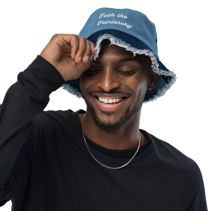 Distressed denim bucket hat- "Fuck the Patriarchy"