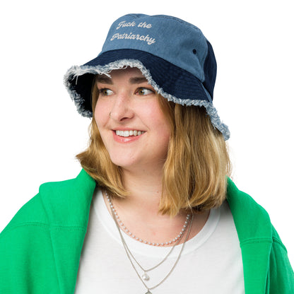 Distressed denim bucket hat- "Fuck the Patriarchy"