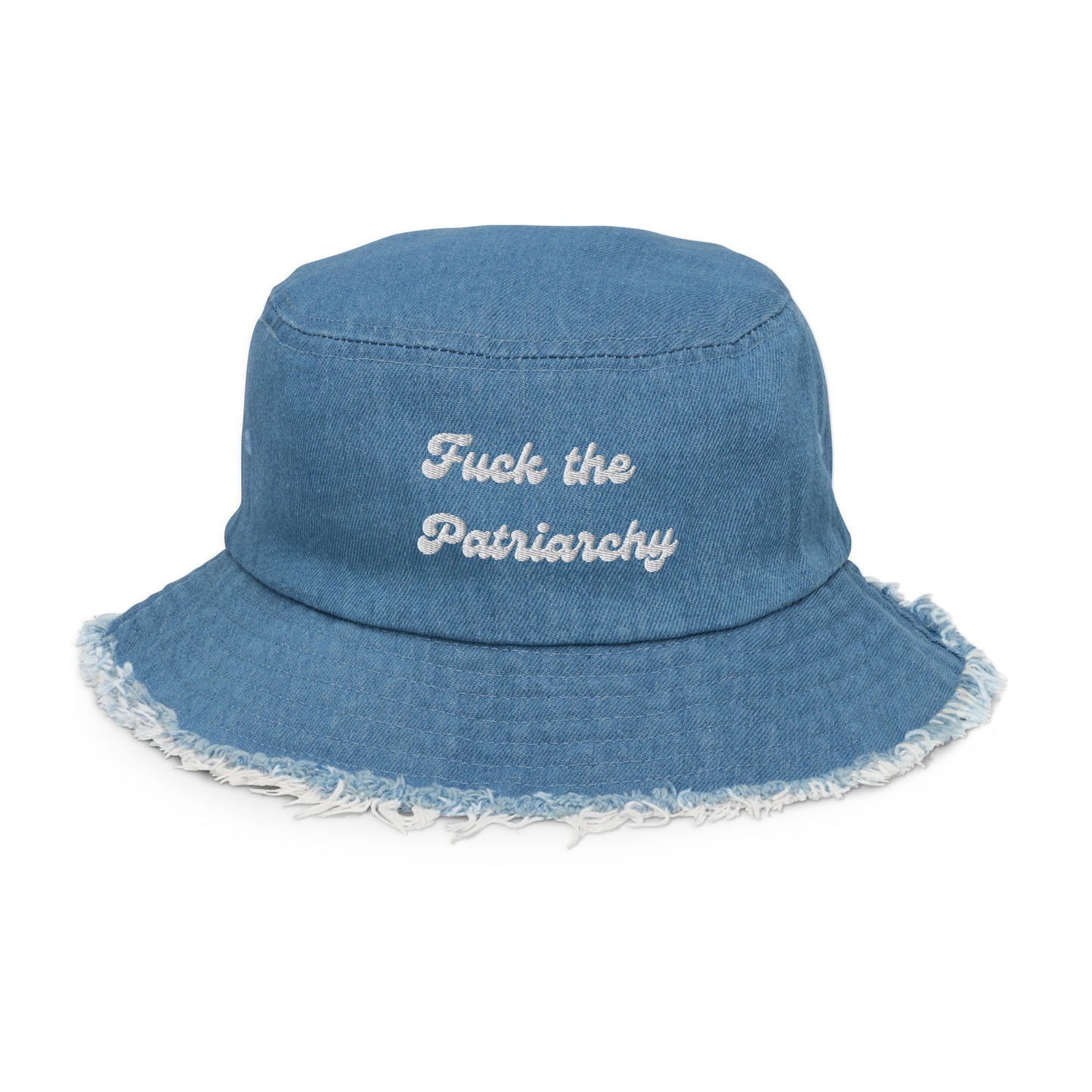 Distressed denim bucket hat- "Fuck the Patriarchy"